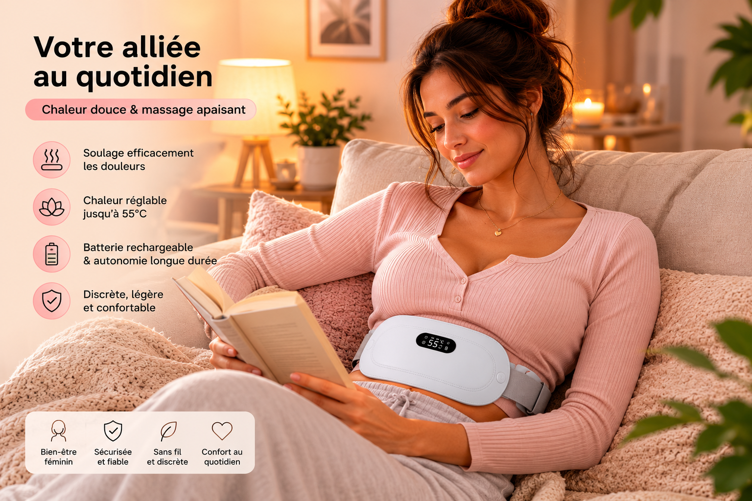 Ceinture Chauffante Menstruelle Rechargeable – Chaleur & Massage Apaisants Lunacomfort